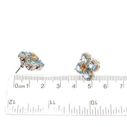 FADI 925 Sterling Silver 2-Tone Real Blue Topaz & Citrine Flower Earrings