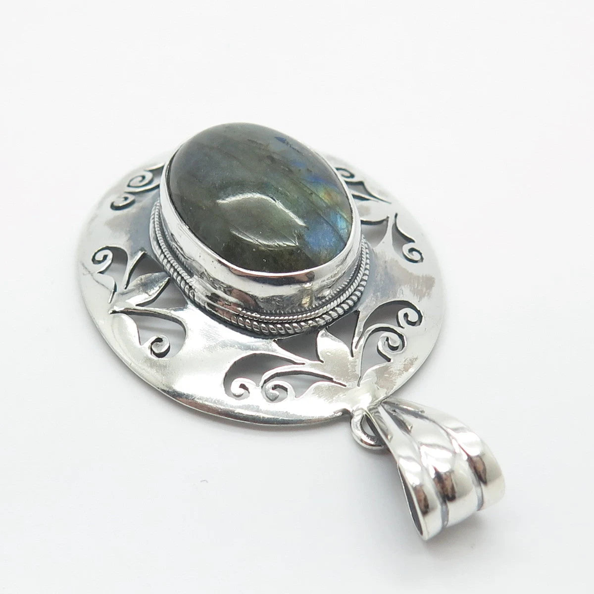 925 Sterling Silver Vintage Real Labradorite Gemstone Ornate Pendant