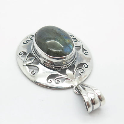 925 Sterling Silver Vintage Real Labradorite Gemstone Ornate Pendant