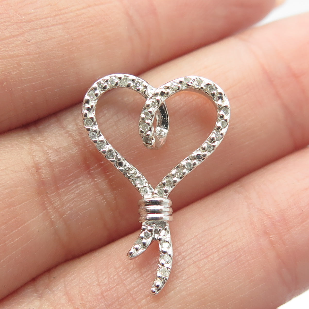 SUN 925 Sterling Silver Real Round-Cut White Diamond Open Heart Pendant