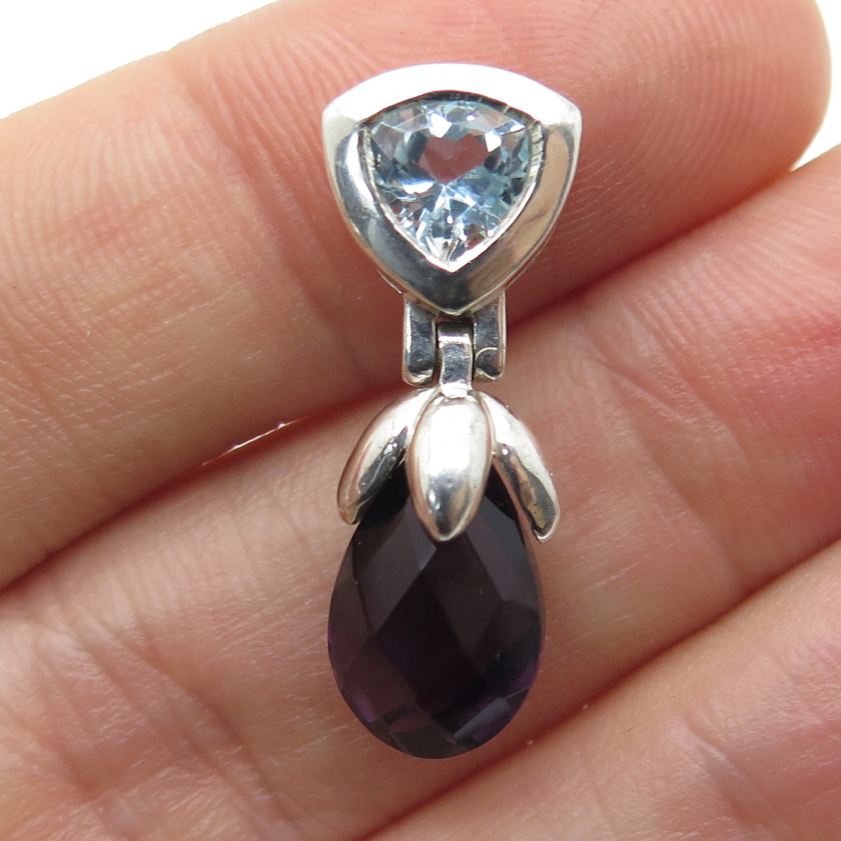 925 Sterling Silver Real Light Blue Topaz & Amethyst Gemstone Slide Pendant