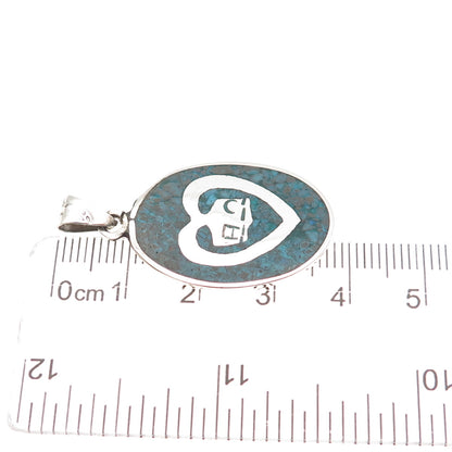 925 Sterling Silver Vintage Mexico Real Turquoise Inlay Heart & House Pendant