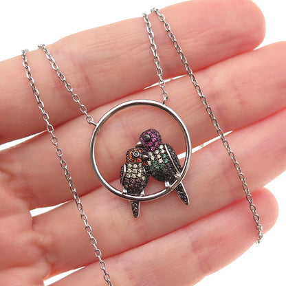 925 Sterling Real Round-Cut Multi-Color Gem Birds Cable Chain Necklace 16-18"