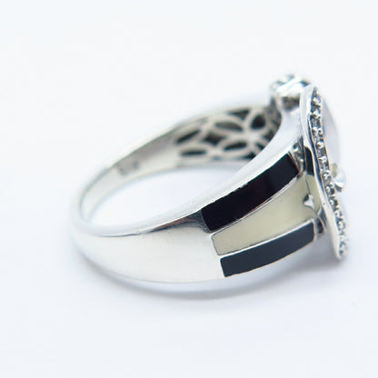 925 Sterling Silver Jane Seymour White Diamond Enamel Belt Buckle Ring Size 6.75