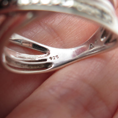 925 Sterling Silver Real Round-Cut Black & White Diamond Crisscross Ring Size 7