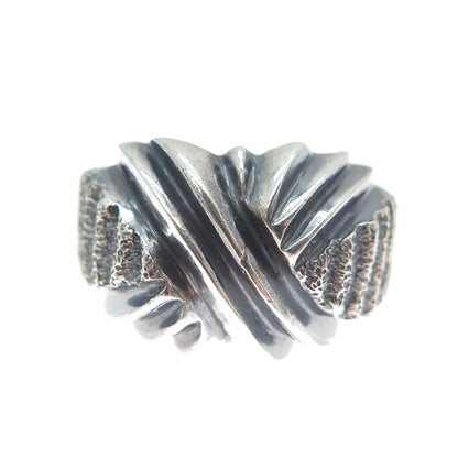 925 Sterling Silver Vintage Modernist Crisscross Oxidized Ring Size 7.25