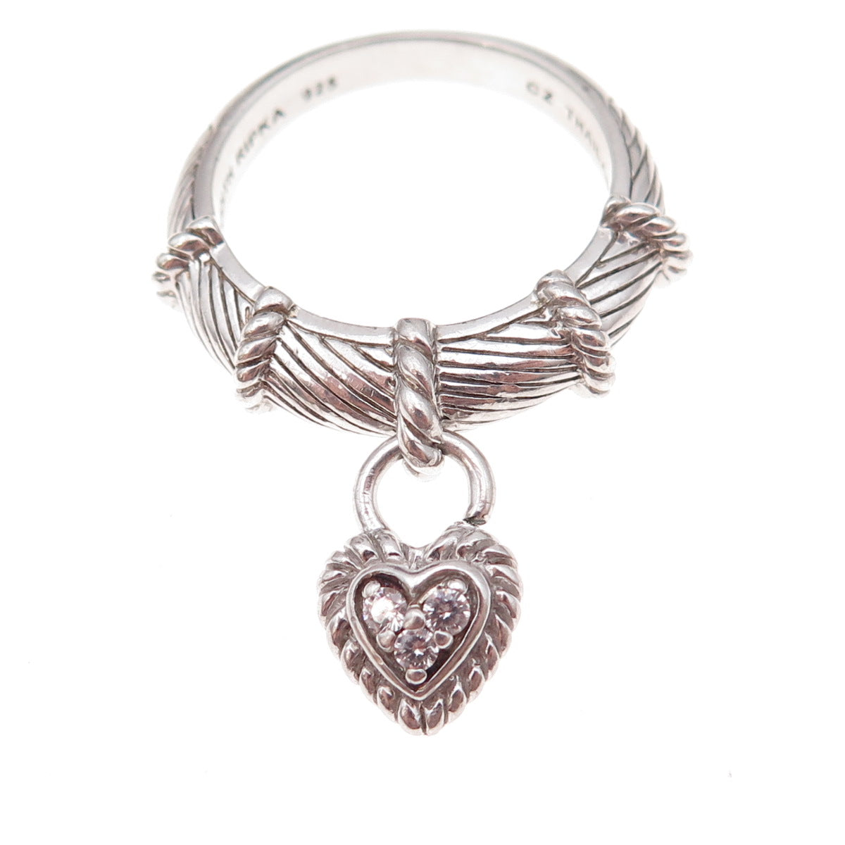 Judith Ripka 925 Sterling Silver Round-Cut C Z Heart Dangle Charm Ring Size 8