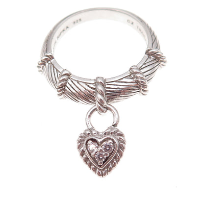 Judith Ripka 925 Sterling Silver Round-Cut C Z Heart Dangle Charm Ring Size 8