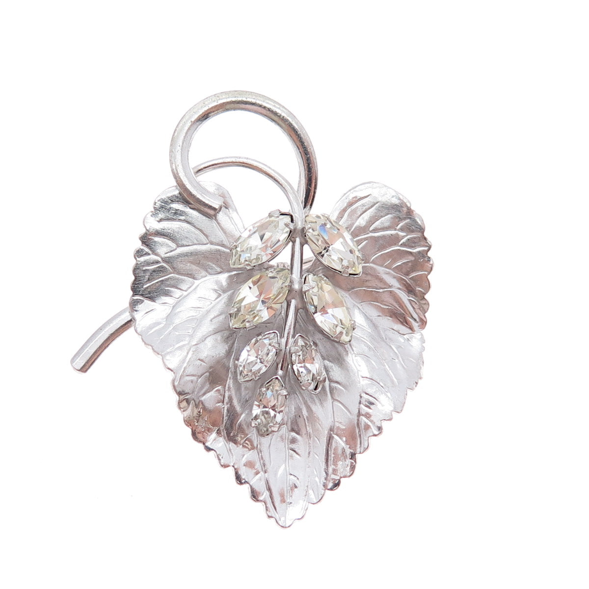 CARL ART 925 Sterling Silver Vintage Rhinestone Floral Leaf Pin Brooch