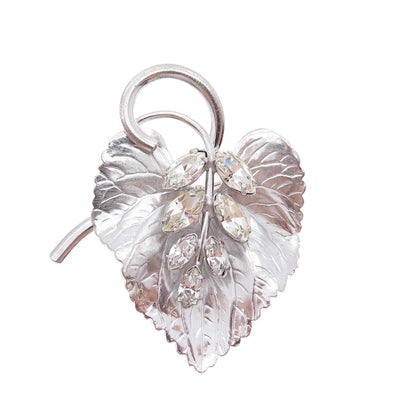 CARL ART 925 Sterling Silver Vintage Rhinestone Floral Leaf Pin Brooch