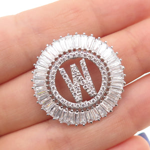 925 Sterling Silver Tapered Baguette & Round-Cut C Z Letter W Slide Pendant