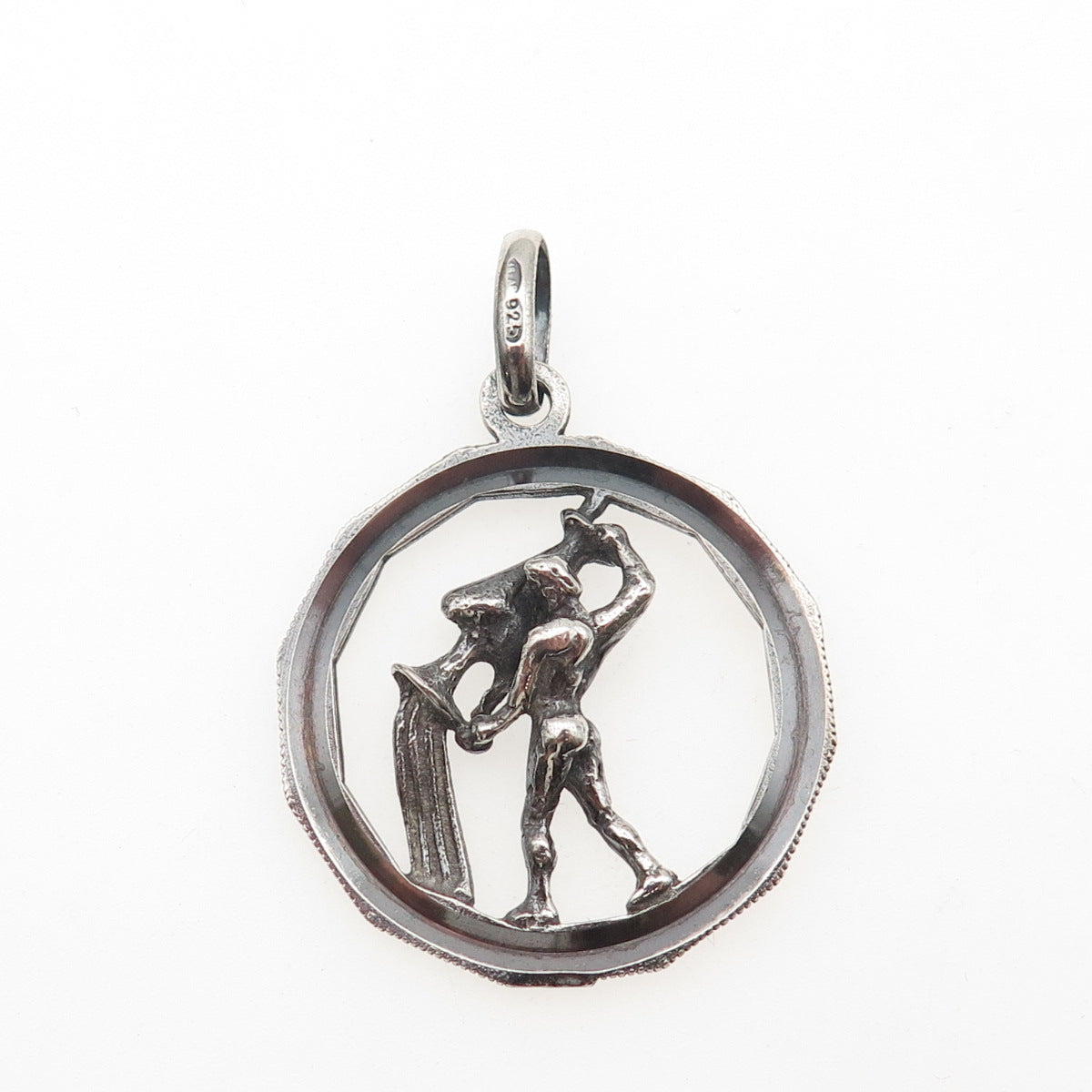 925 Sterling Silver Vintage Italy Aquarius Zodiac Sign Oxidized Charm Pendant