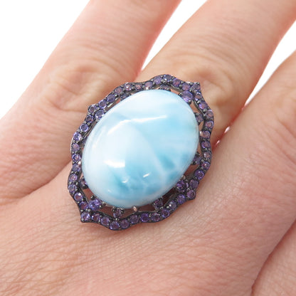 925 Sterling Silver Real Cabochon Larimar & Amethyst Ring Size 6.25