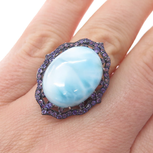 925 Sterling Silver Real Cabochon Larimar & Amethyst Ring Size 6.25
