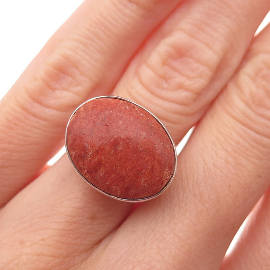 925 Sterling Silver Vintage Real Coral Modernist Oxidized Ring Size 6