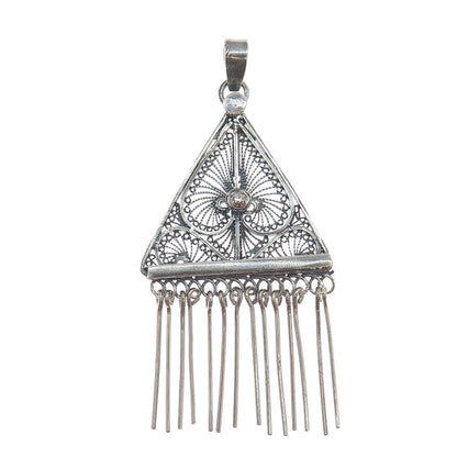 925 Sterling Silver Vintage Filigree Floral Leaf Triangle Oxidized Pendant