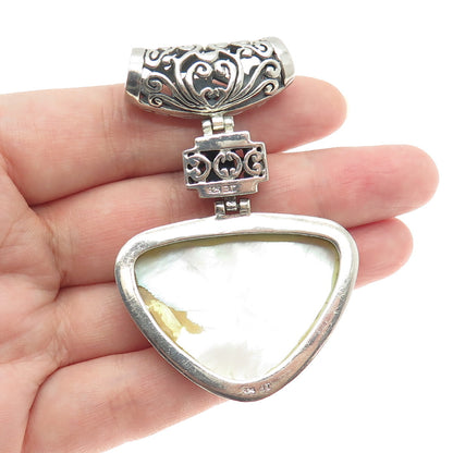 925 Sterling Silver Vintage Real Mother-of-Pearl Swirl / Ornate Slide Pendant