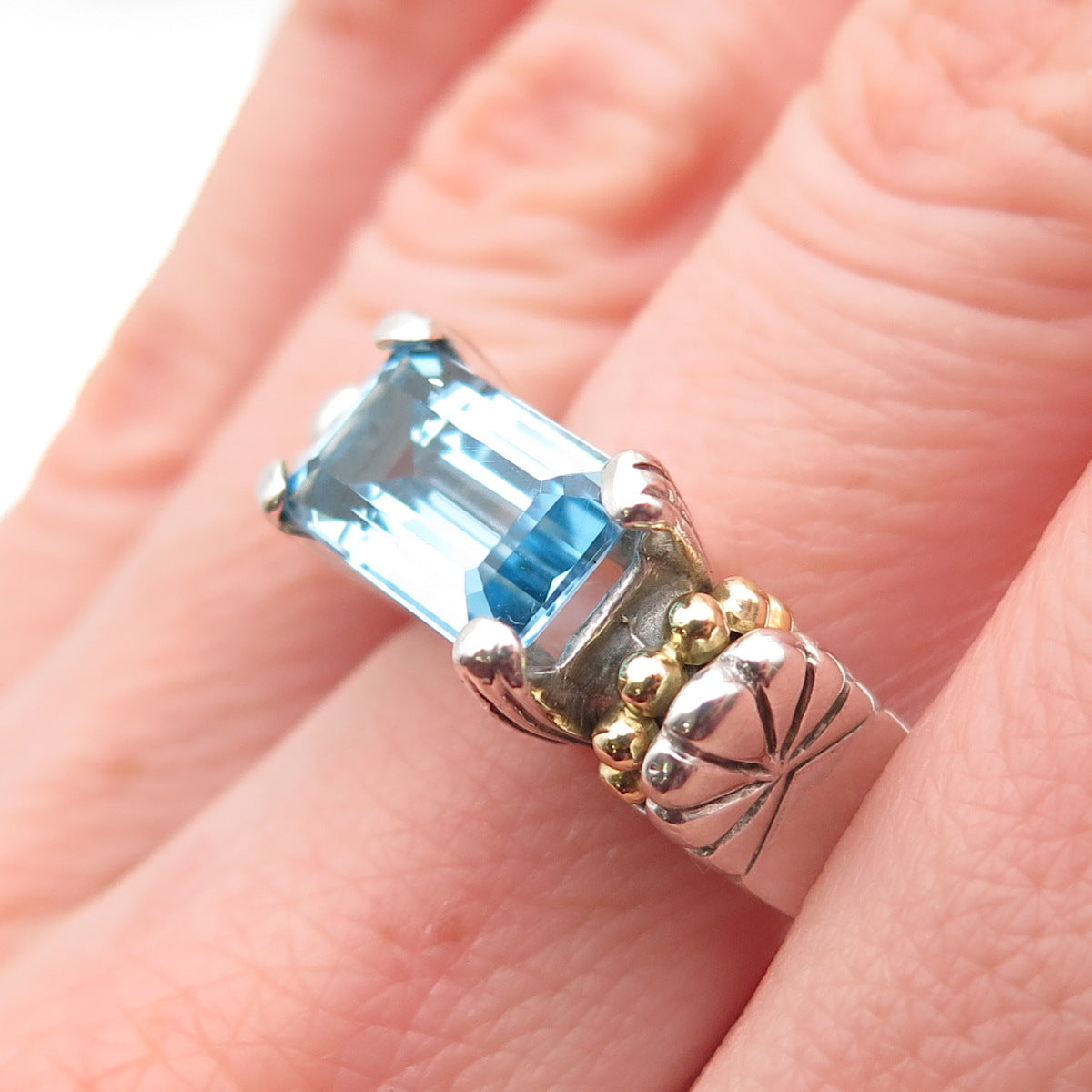 LAGOS Caviar 925 Sterling Silver 18K Gold Vintage Real Blue Topaz Ring Size 8.5