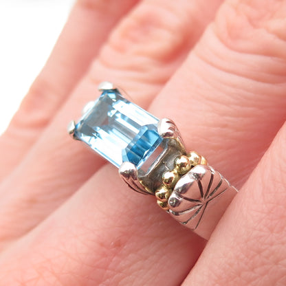LAGOS Caviar 925 Sterling Silver 18K Gold Vintage Real Blue Topaz Ring Size 8.5