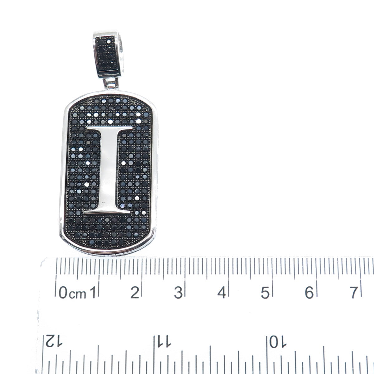 925 Sterling Silver Real Round-Cut Black Spinel Letter I Initial Tag Pendant