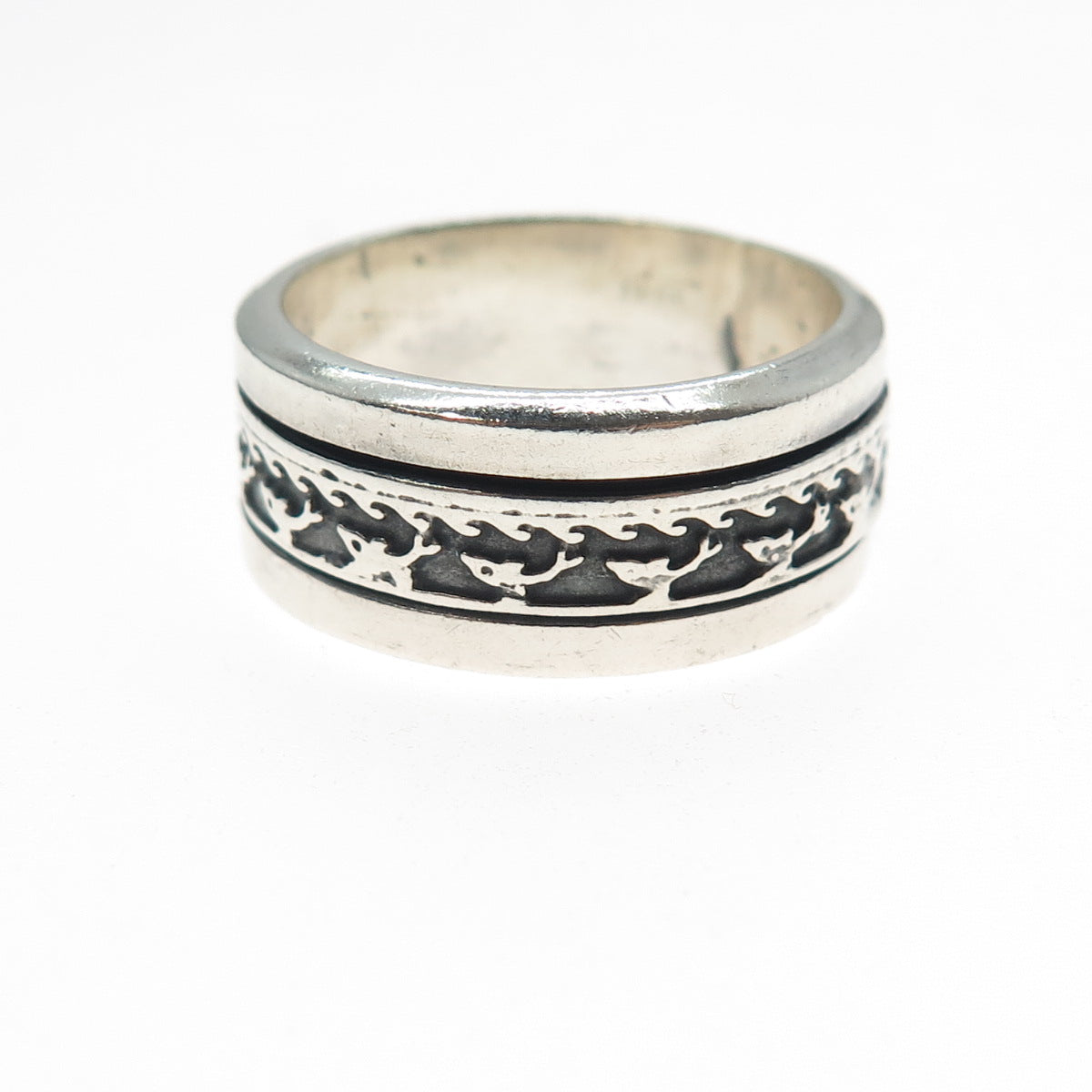 925 Sterling Silver Vintage Mexico Dolphin Rotating Band Oxidized Ring Size 10.5