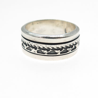 925 Sterling Silver Vintage Mexico Dolphin Rotating Band Oxidized Ring Size 10.5