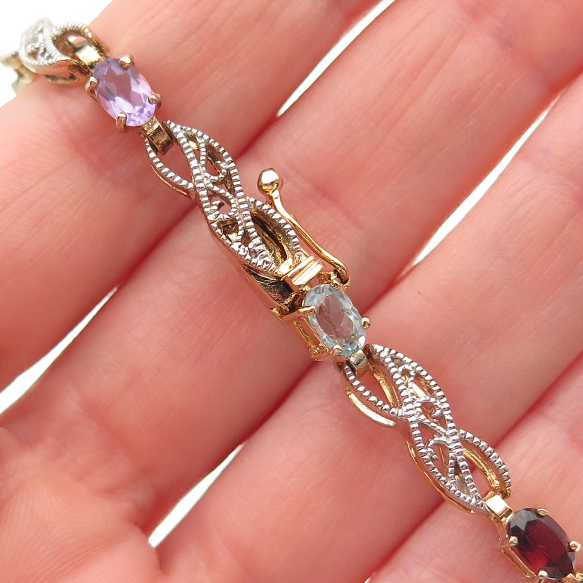 925 Sterling Silver Gold Plated Real Diamond & Multi-Gem Infinity Bracelet 7.25"