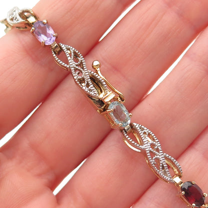925 Sterling Silver Gold Plated Real Diamond & Multi-Gem Infinity Bracelet 7.25"