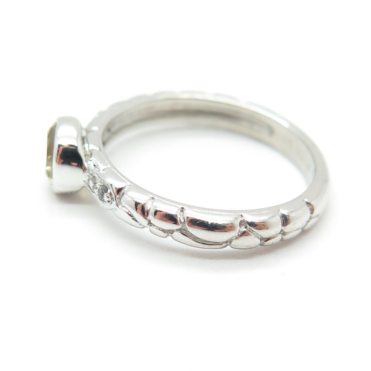 925 Sterling Silver Real White Diamond & Citrine Gemstone Pebble Ring Size 6.75