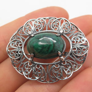 925 Sterling Silver Vintage Real Chrysocolla Gemstone Filigree Brooch / Pendant