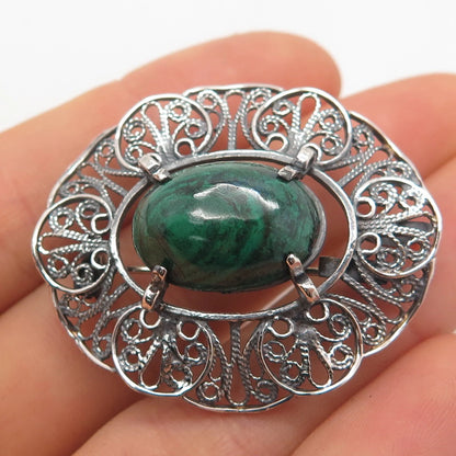 925 Sterling Silver Vintage Real Chrysocolla Gemstone Filigree Brooch / Pendant