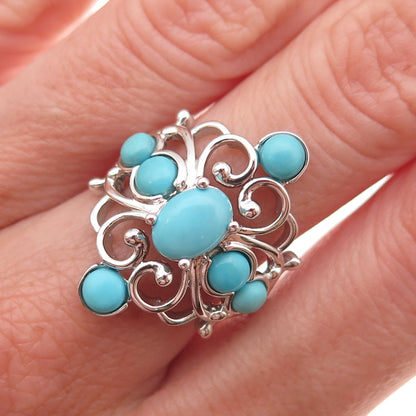 925 Sterling Silver Real Sleeping Beauty Turquoise Floral Cross Ring Size 8.25