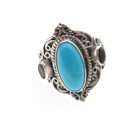 925 Sterling Silver Vintage Real Turquoise & Iolite Oxidized Ring Size 8.5