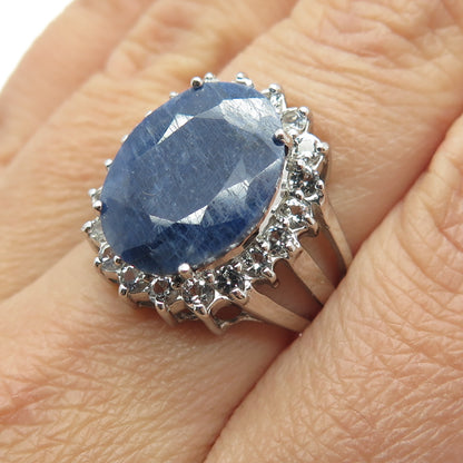 925 Sterling Silver Real Blue Sapphire & White Topaz Gemstone Ring Size 6.75