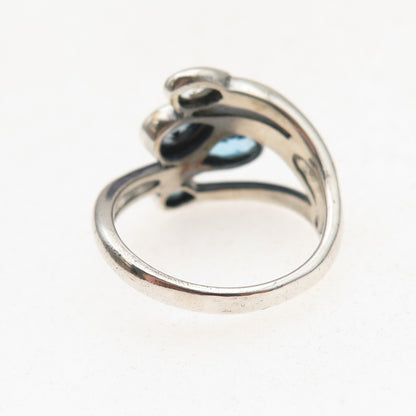 925 Sterling Silver Vintage Real London Blue & White Topaz Oxidized Ring Size 7