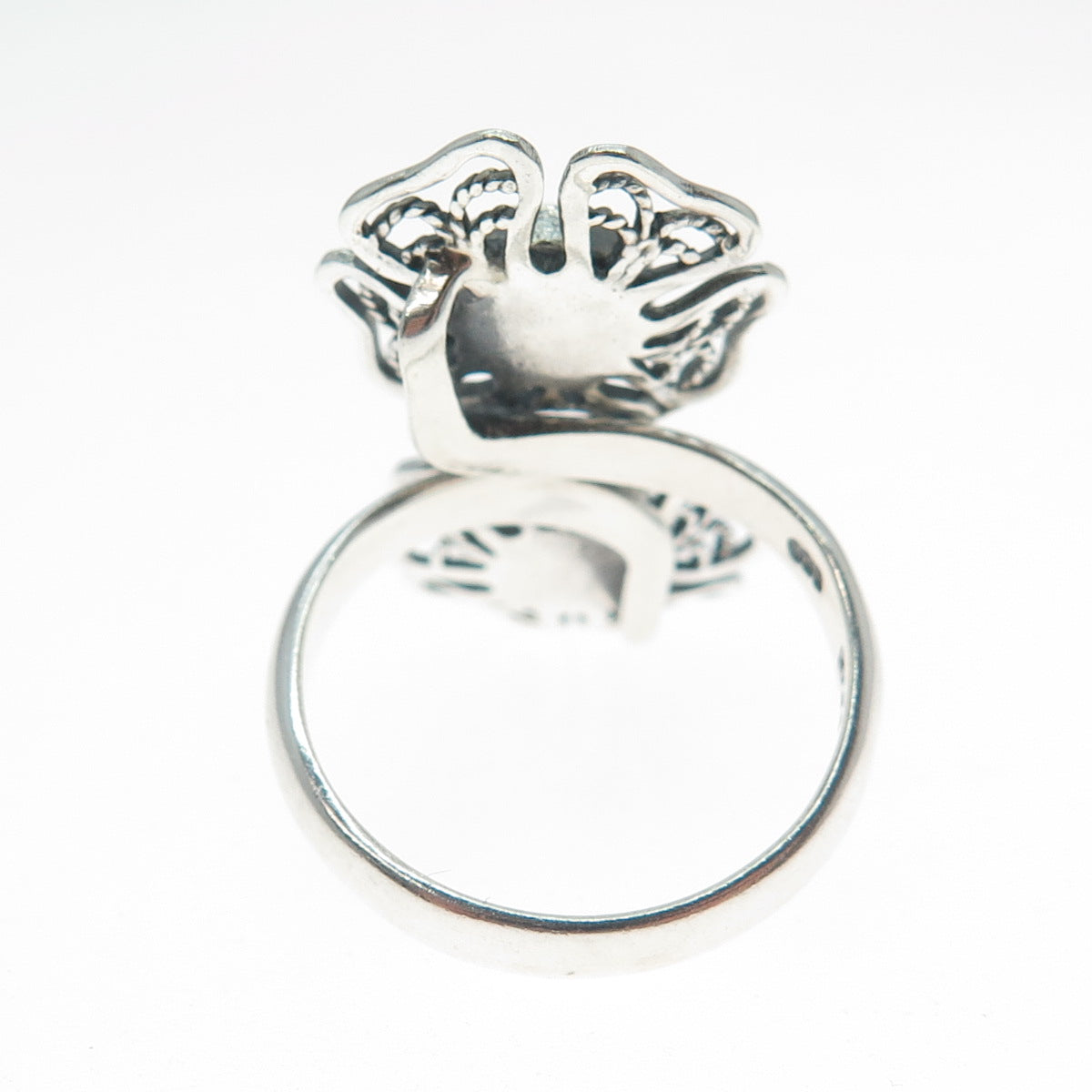 RIDER 950 Silver Vintage Real Mother-of-Pearl Flower Filigree Ring Size 8