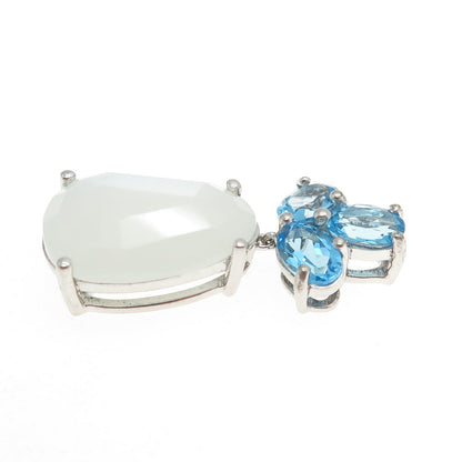 SAI 925 Sterling Silver Real White Chalcedony & Blue Topaz Gemstone Pendant