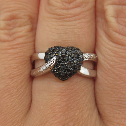 925 Sterling Silver Real Round-Cut Black Diamond Heart Ring Size 7.5