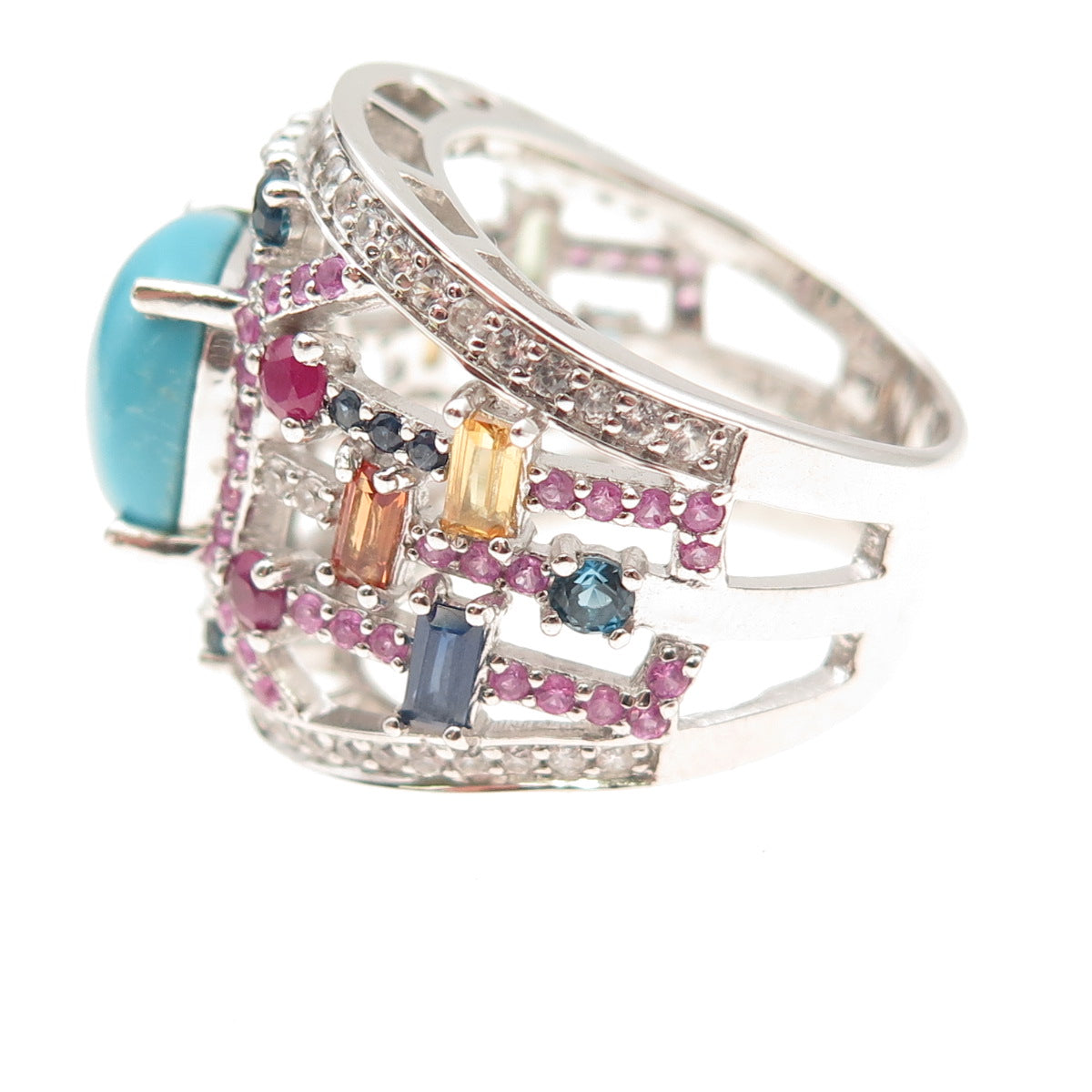 Carol Brodie Sterling Silver Real Turquoise Multi-Color Sapphire Ring Size 7.25