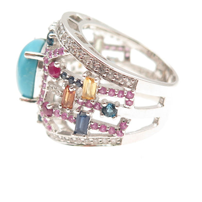 Carol Brodie Sterling Silver Real Turquoise Multi-Color Sapphire Ring Size 7.25