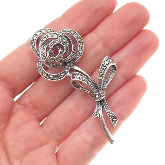 925 Sterling Silver Vintage Real Marcasite Rose Floral Bow Oxidized Pin Brooch
