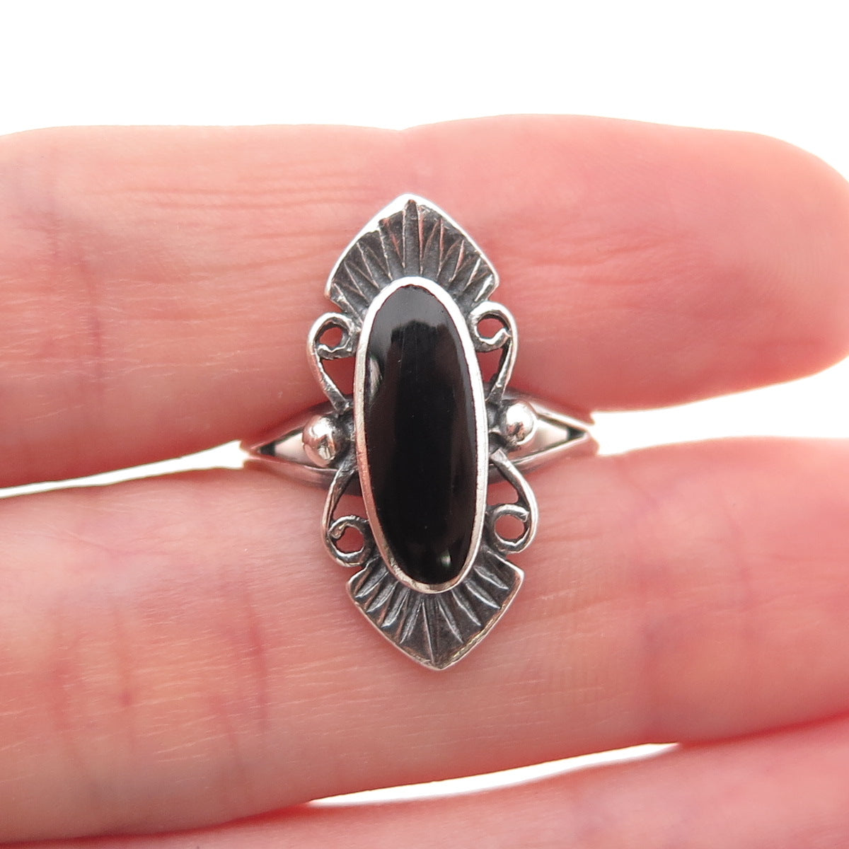 925 Sterling Silver Vintage Real Black Onyx Oxidized Ring Size 7.5