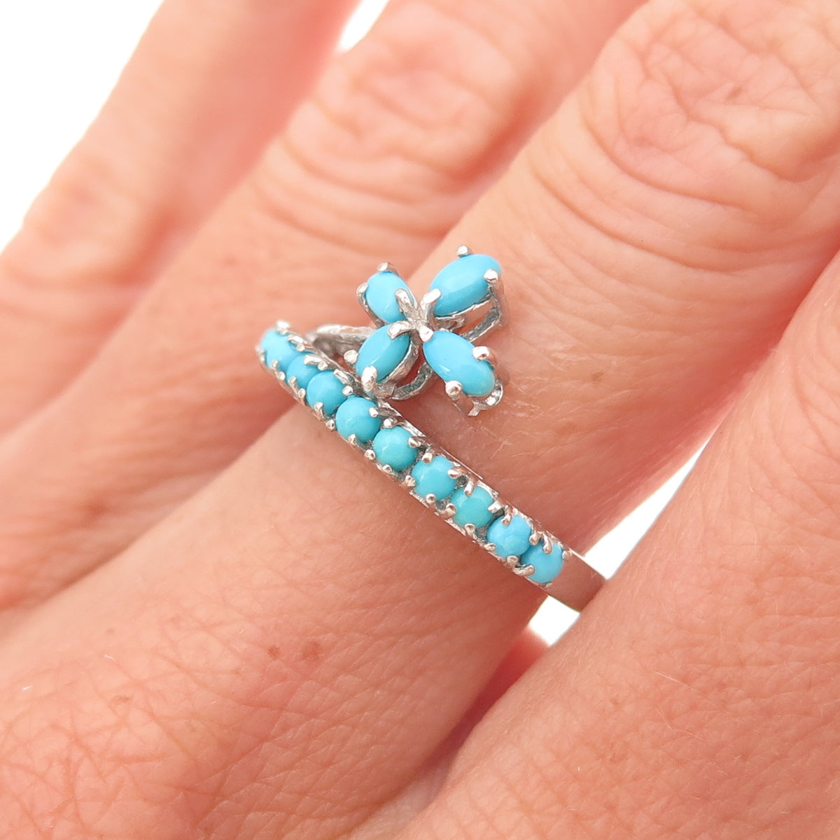 Chuck Clemency 925 Sterling Real Sleeping Beauty Turquoise Floral Ring Size 6.25
