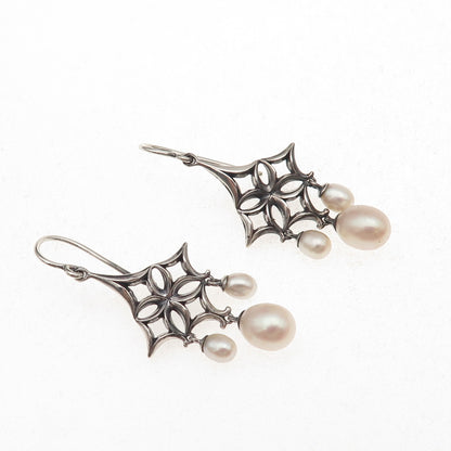 Ann King 925 Sterling Silver Vintage Real Pearl Floral Oxidized Dangle Earrings