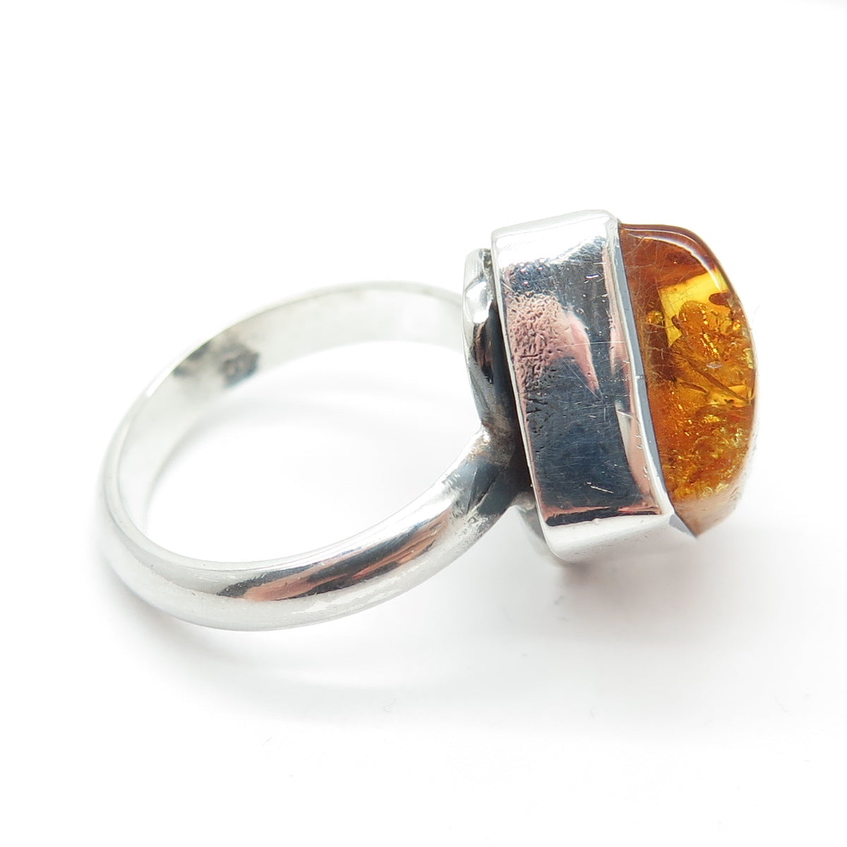 925 Sterling Silver Vintage Real Baltic Amber Modernist Ring Size 9