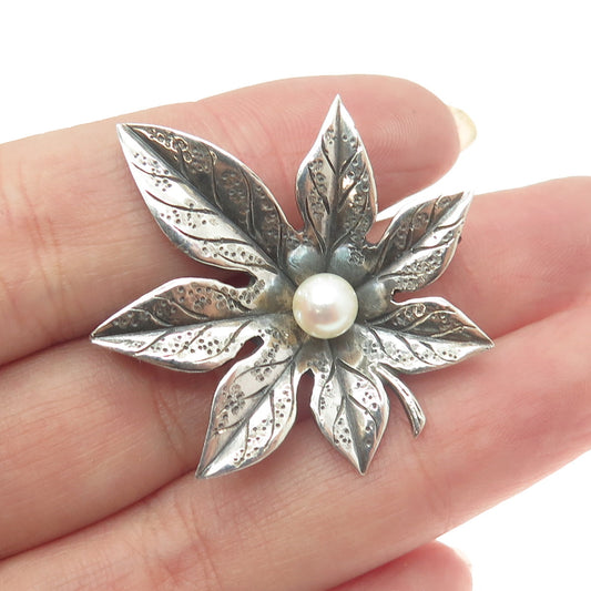 925 Sterling Silver Vintage Real Pearl Floral Pin Brooch