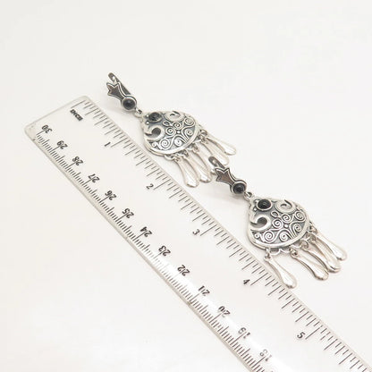 925 Sterling Silver Vintage Real Black Onyx Gem Ethnic Dangling Earrings