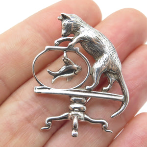 JEZLAINE 925 Sterling Silver Vintage Playing Cat w/ Fish Oxidized Pin Brooch