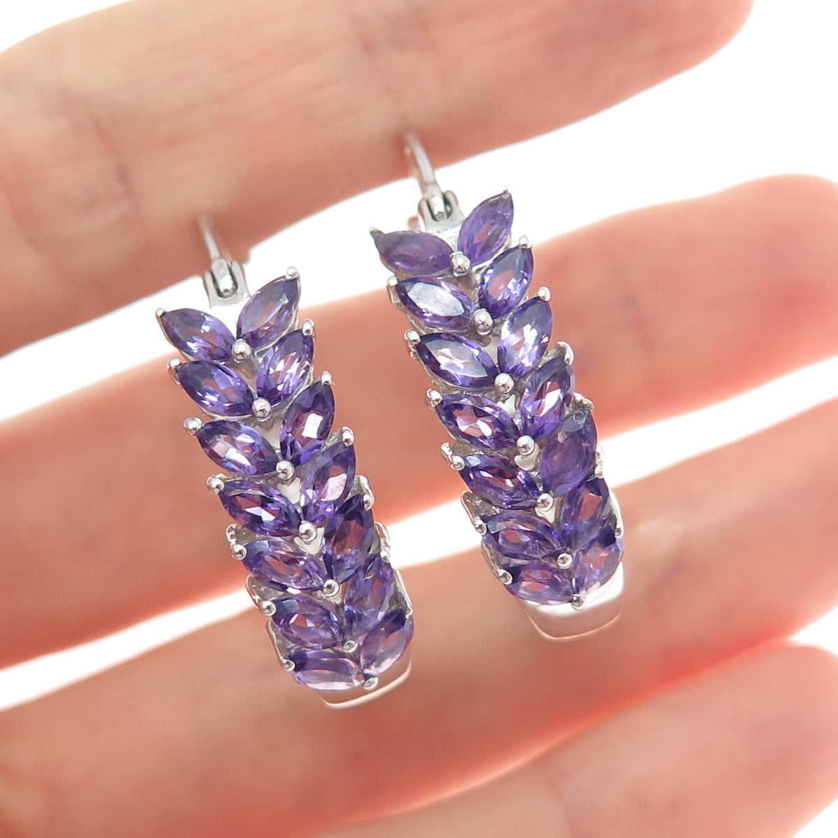 925 Sterling Silver Real Marquise-Cut Amethyst Laurel Hoop Earrings