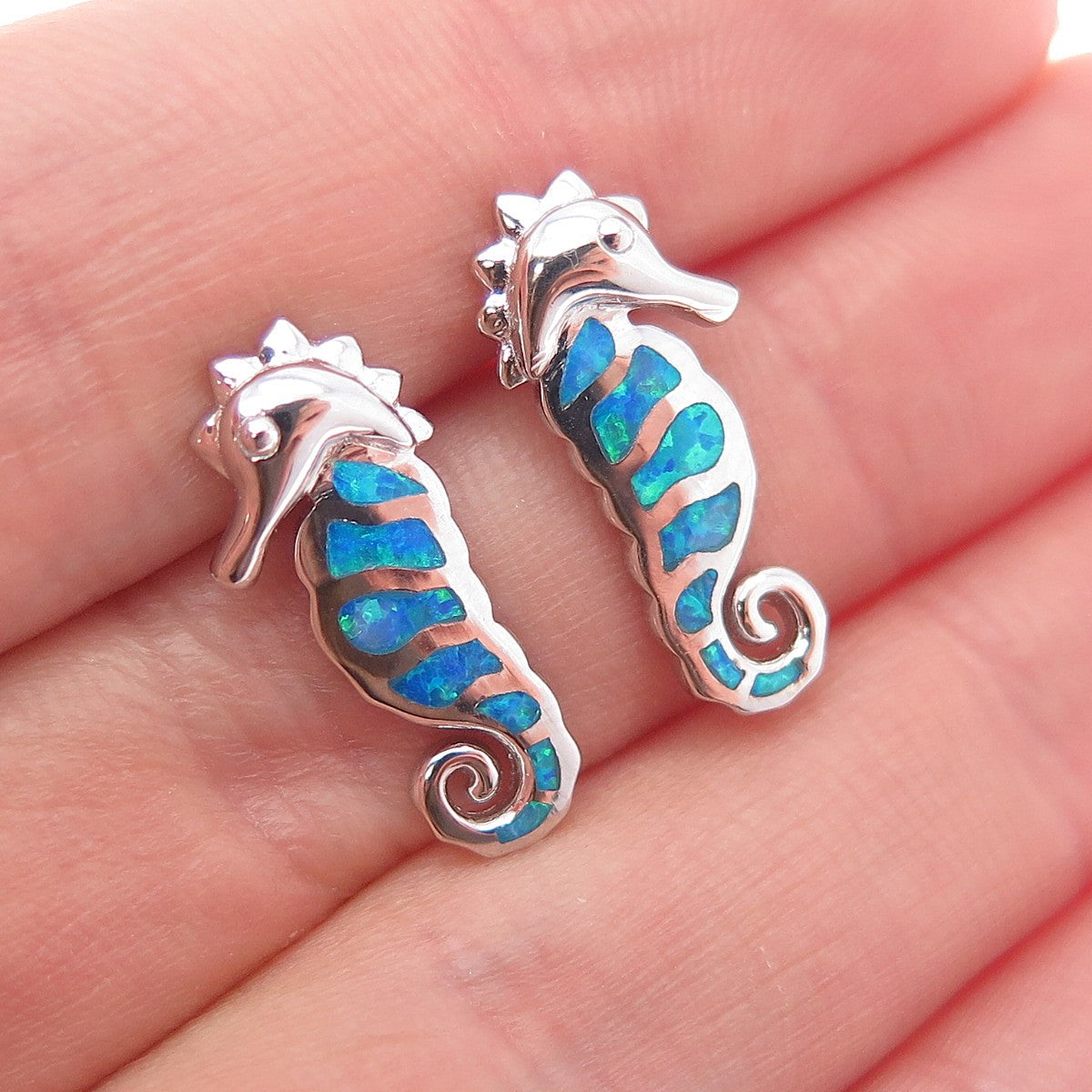 925 Sterling Silver Real Opal Seahorse Earrings